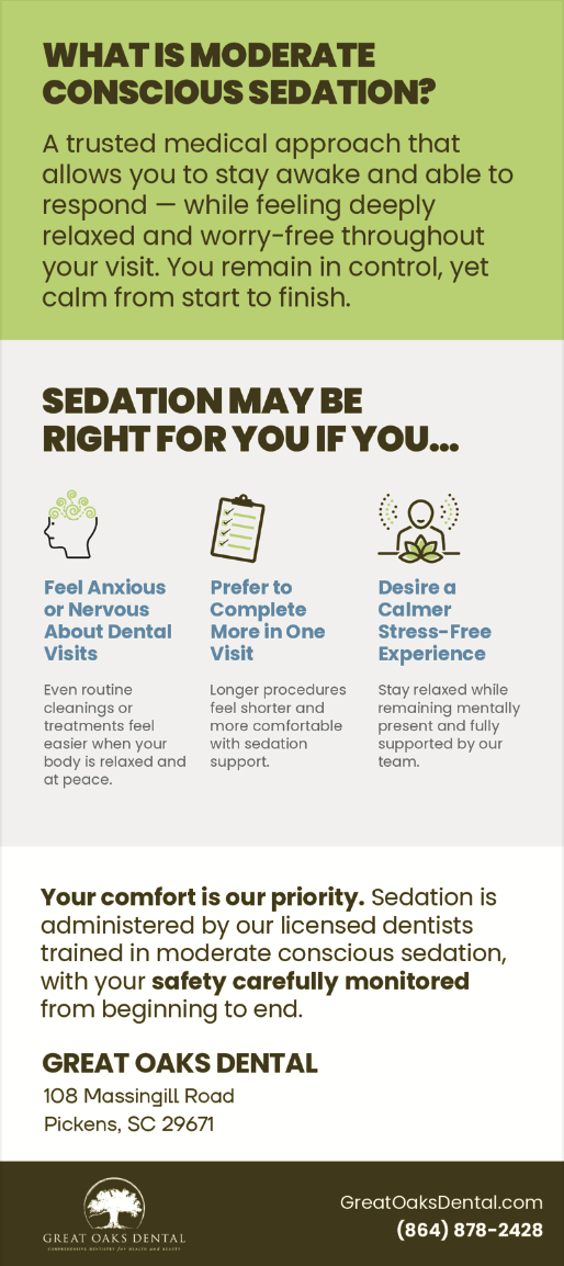 Moderate Dental Sedation Rack Card Design for Great Oaks Dental in Pickens, SC by Sauce Logic Web Design