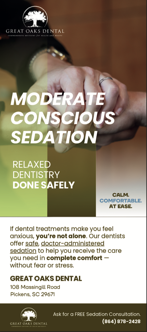 Front Side of Moderate Dental Sedation Rack Card Design for Great Oaks Dental in Pickens, SC by Sauce Logic Web Design